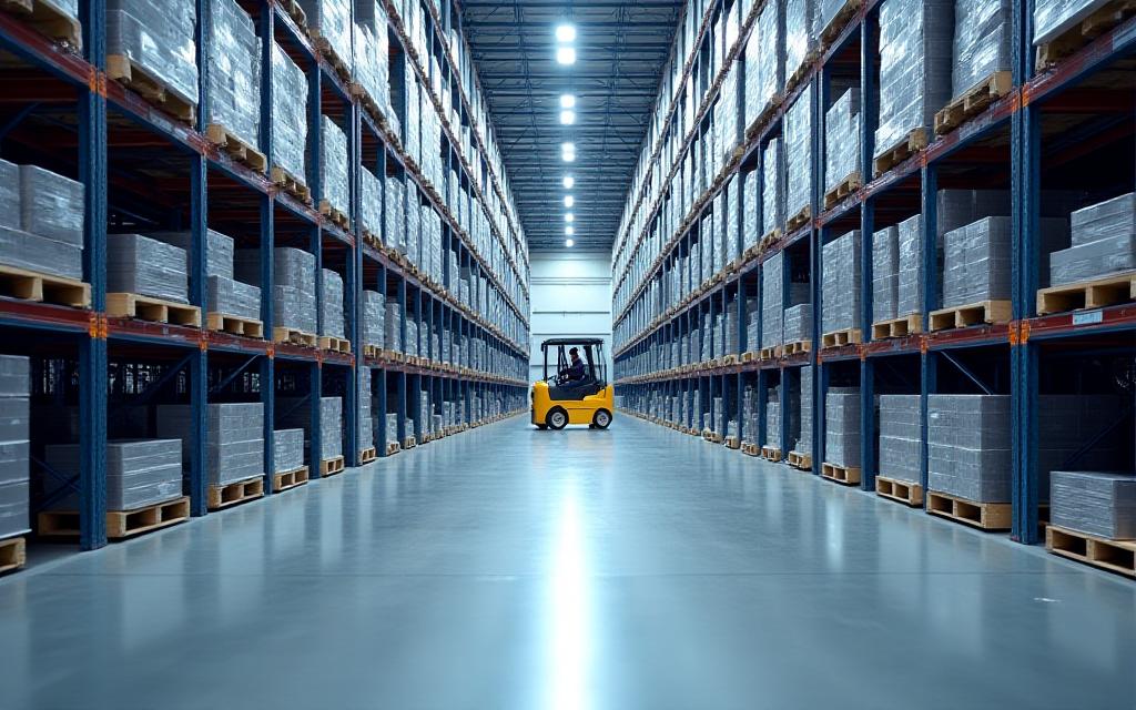 Wide-angle view of a modern organized warehouse with high shelving units